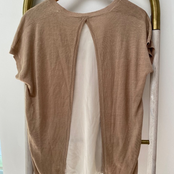 Barneys New York Split Back Short Sl Linen Silk Beige Summer Top Sweater Size S - Picture 4 of 6